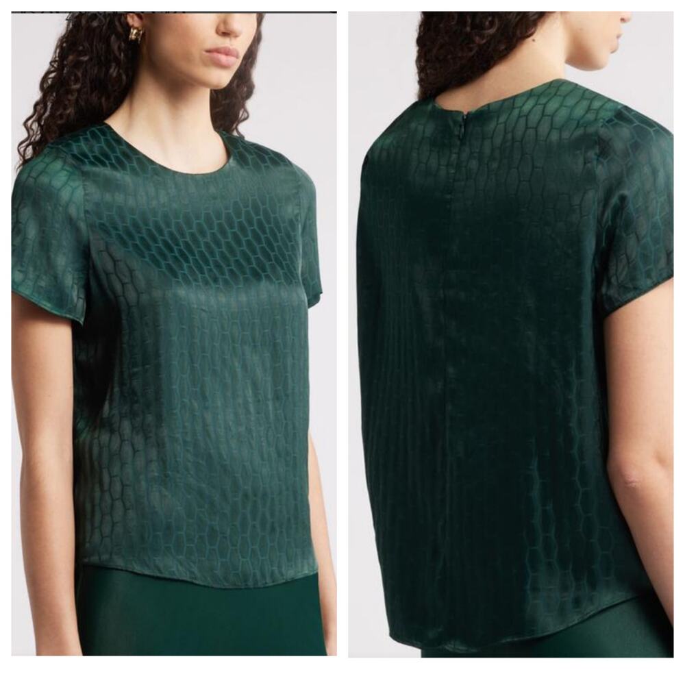 Nordstrom Blouse Women's Geo Satin Jacquard Top Dark green size large NWT